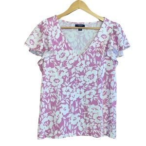 •CHAPS•FLORAL V-NECK RUFFLE SHORT SLEEVE TOP SIZE LARGE EUC